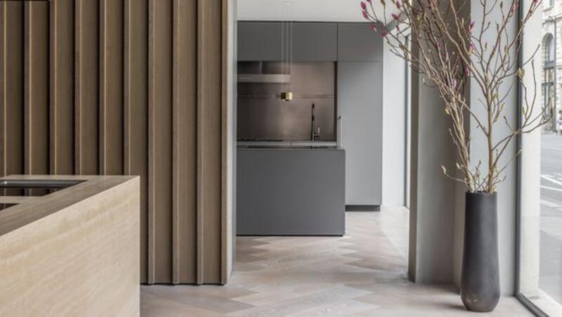 View inside luxury kitchen showroom 