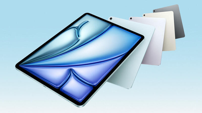 图中展示了五台搭载 M3 设备的 iPad Air 呈扇形散开。