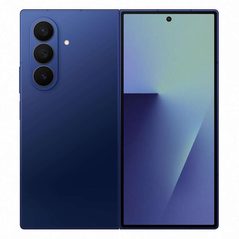 Samsung Galaxy Z Fold 7 in blue color showing front and back design with triple cameras.