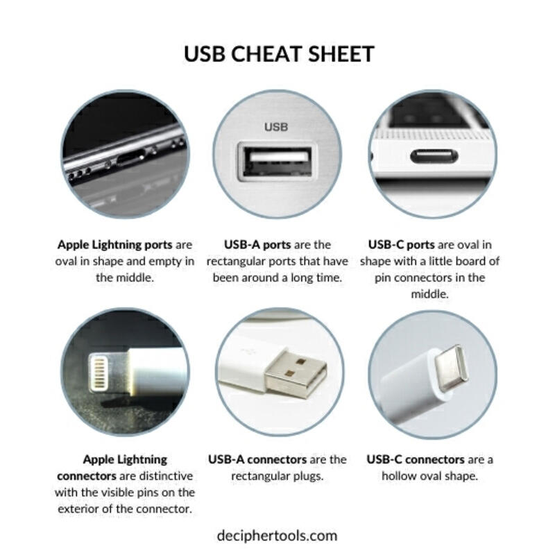 描述 Apple Lightning、USB-A 和 USB-C 端口和连接器形状的信息图。