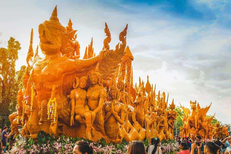 Intricately carved wax sculpture at the Ubon Ratchathani Candle Festival celebrating Buddhist Lent in Thailand