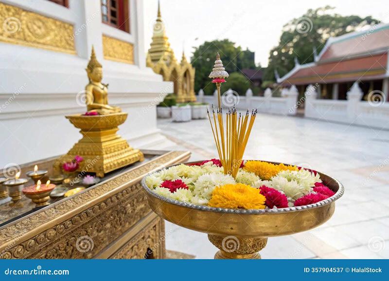 Traditional Thai Buddhist offering tray with flowers, incense, and candles at a temple